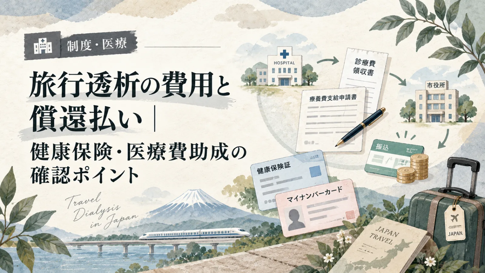 病院、申請書、保険証、自治体窓口で旅行透析の費用と償還払いを確認する流れを表すイラスト