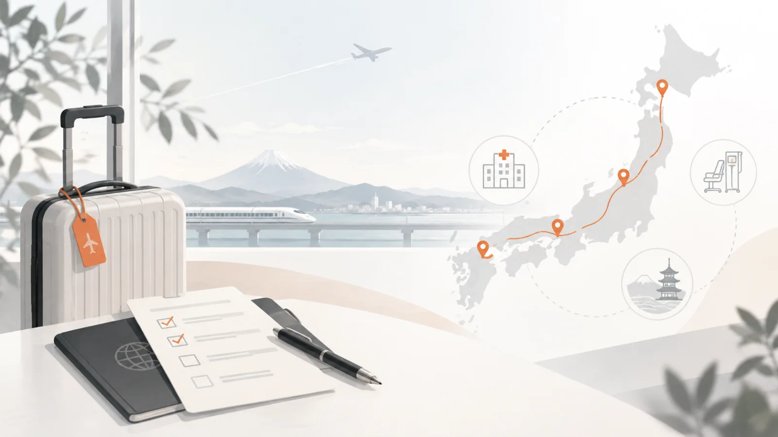 旅行鞄、チェックリスト、日本地図と新幹線を組み合わせた旅行透析準備のイラスト